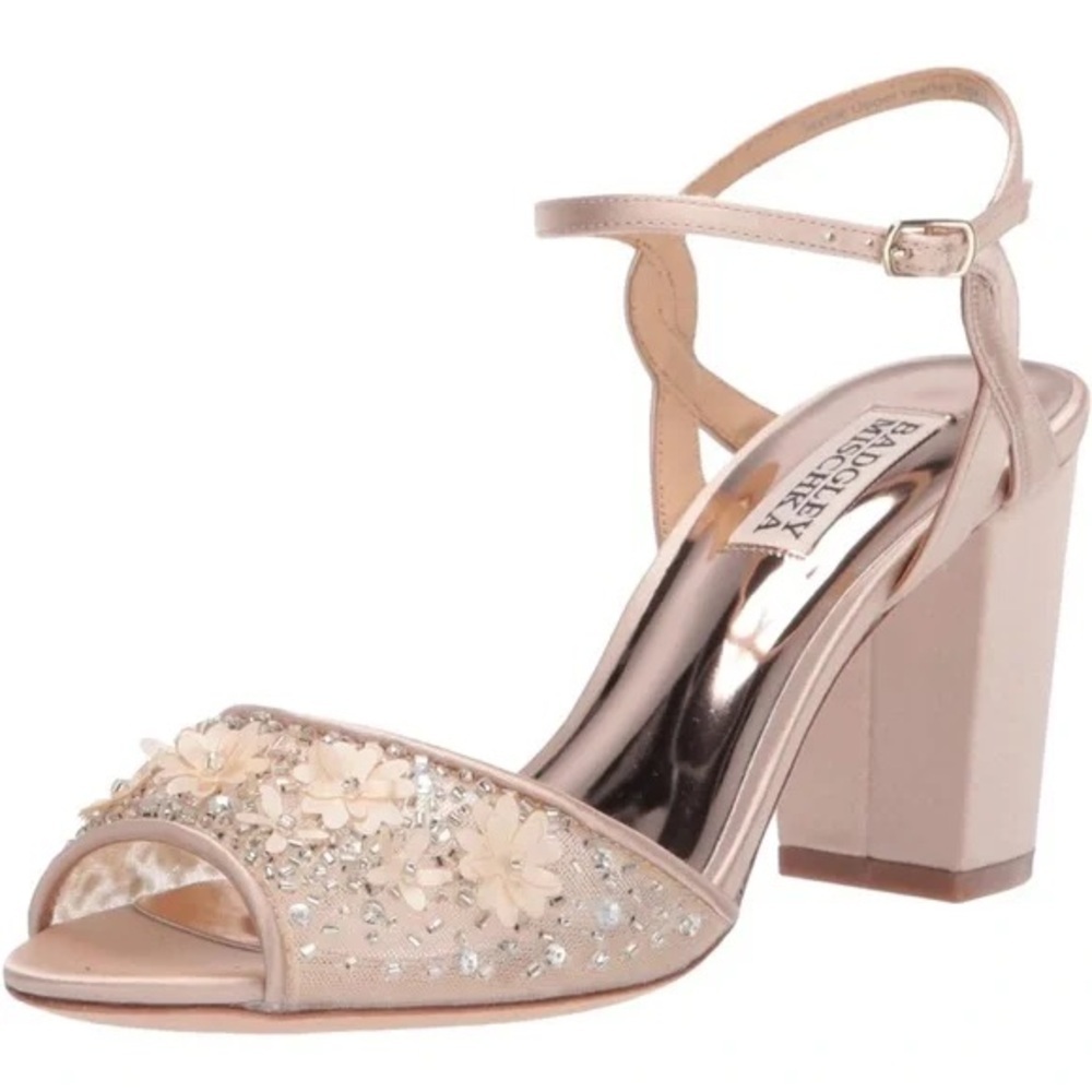 Badgley Mischka CARLIE Peep Toe Satin Block heel Ankle Strap Size 8.5 NWB